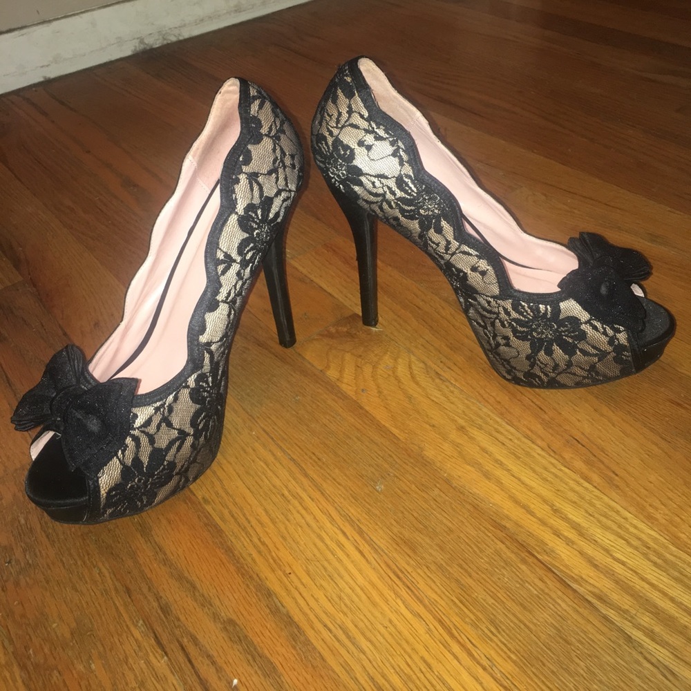 Pink and black lace peep toe stilettos, worn once